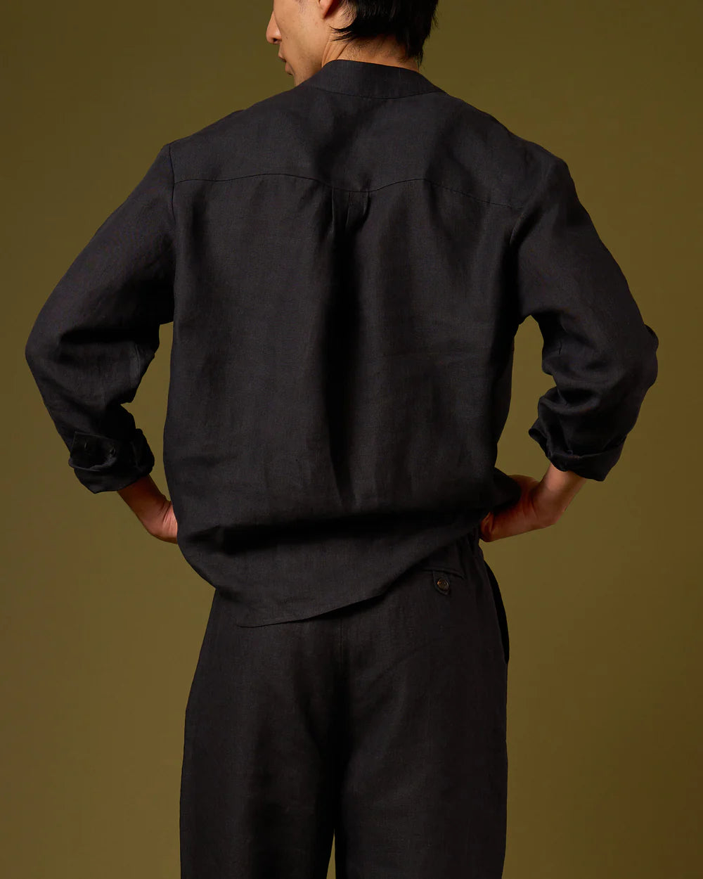 Linen Shirt Mandarin Collar - Black