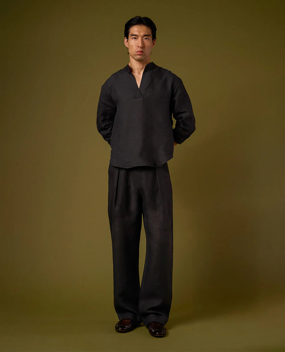 Linen Shirt Mandarin Collar - Black