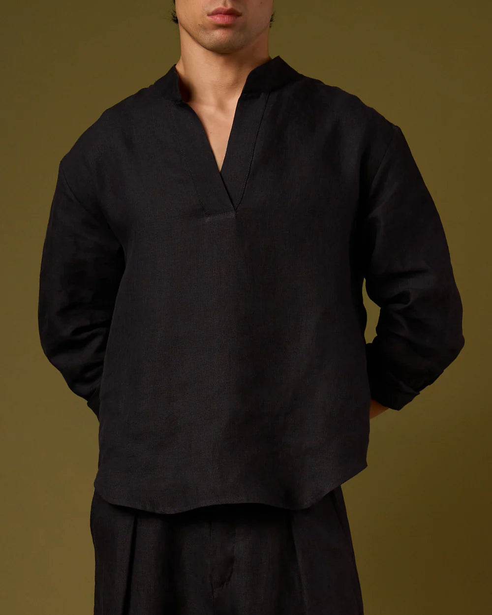 Linen Shirt Mandarin Collar - Black