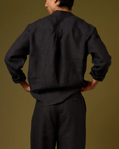Linen Shirt Mandarin Collar - Black