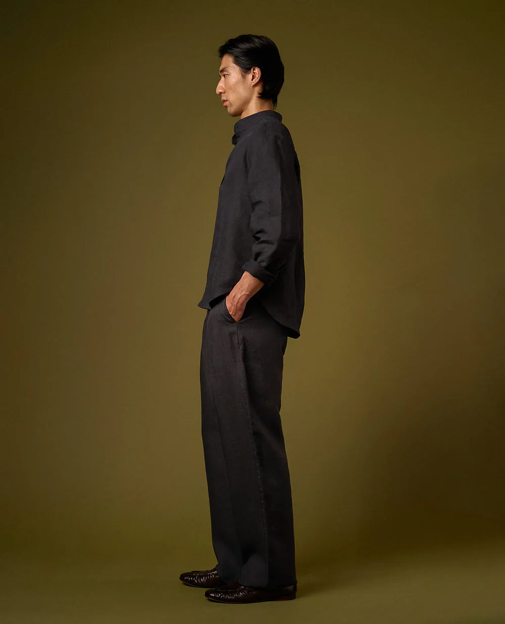 Linen Shirt Mandarin Collar - Black