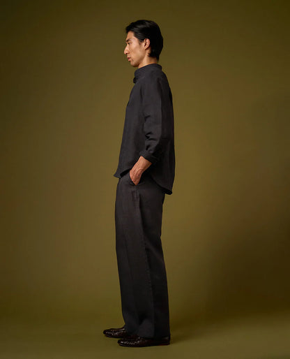 Linen Shirt Mandarin Collar - Black